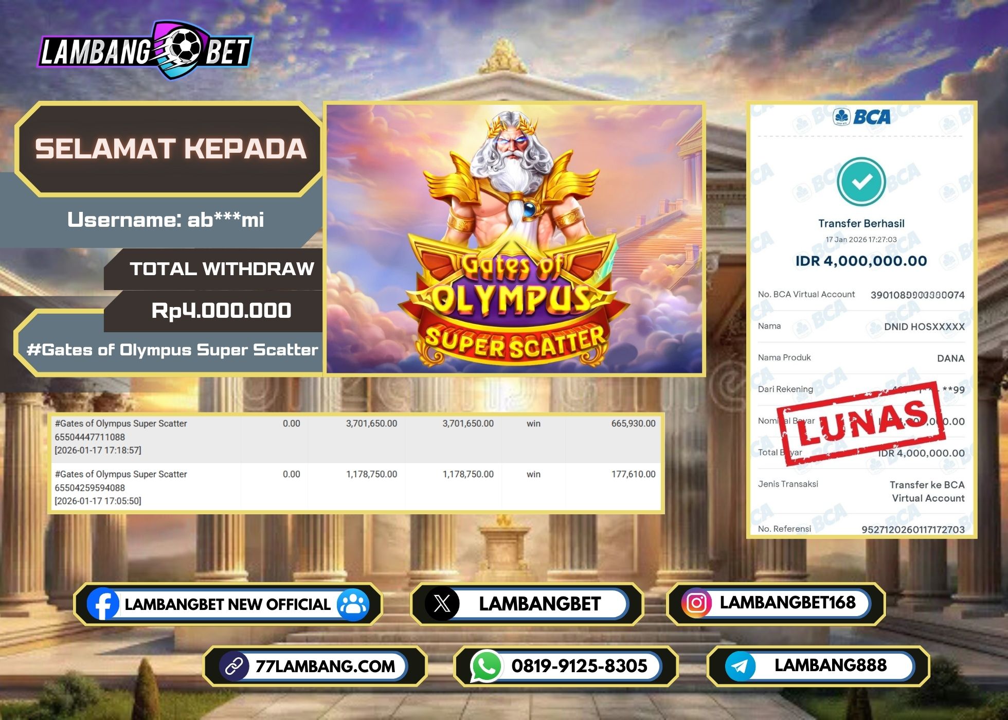 LAMBANGBET [17 JANUARI 2025] JACKPOT SLOT Gates of Olympus Super Scatter "Rp4.000.000" LUNAS